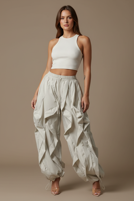 Pantalon Fluide Cargo Beige Ample Plissé Décontracté - Polyester