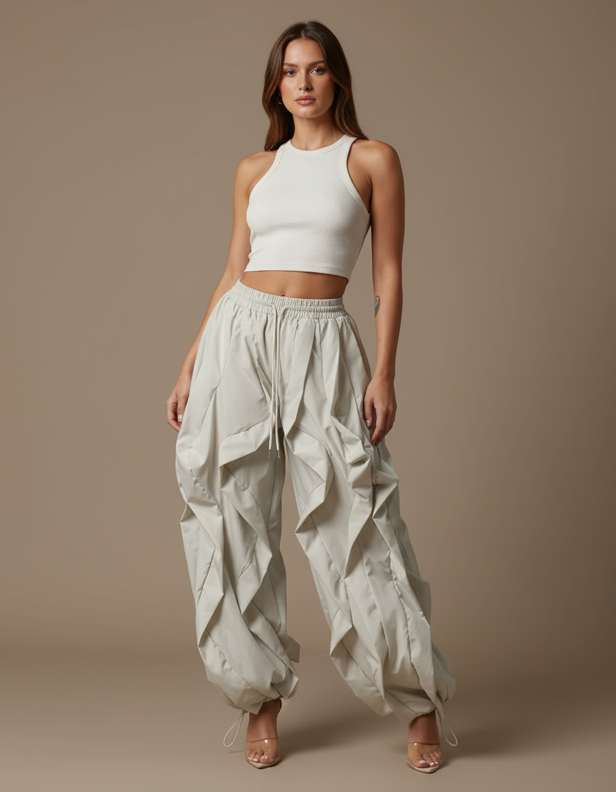 Pantalon Fluide Cargo Beige Ample Plissé Décontracté - Polyester