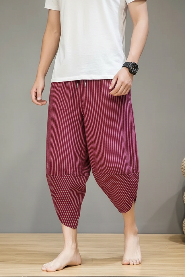 Pantalon Fluide Rayé Rouge Ample Coton Homme - Bordeaux