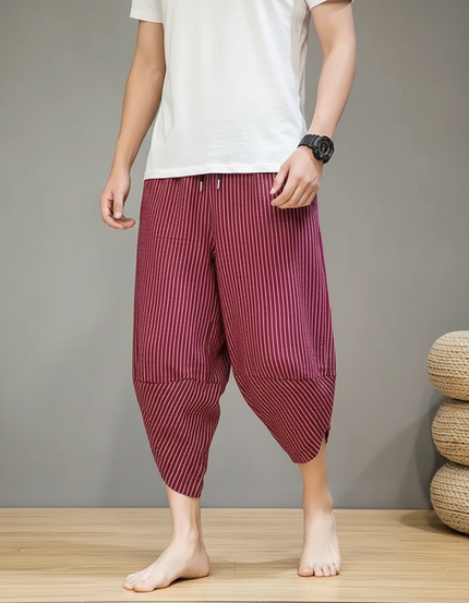 Pantalon Fluide Rayé Rouge Ample Coton Homme - Bordeaux