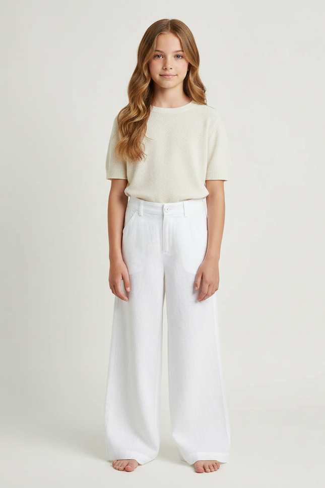 Pantalon Fluide Fille Blanc Palazzo - Lin