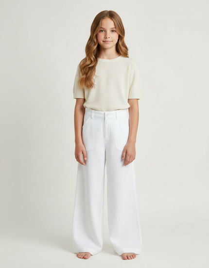 Pantalon Fluide Fille Blanc Palazzo - Lin