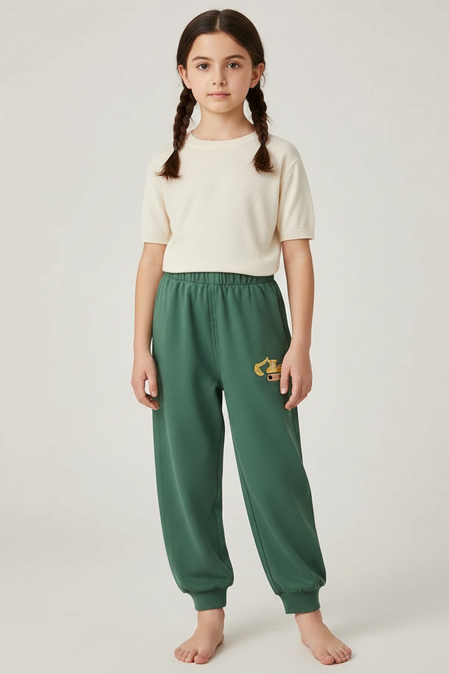 Pantalon Fluide Vert Ample Coton Brodé Enfant - Molleton