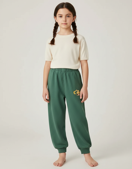 Pantalon Fluide Vert Ample Coton Brodé Enfant - Molleton