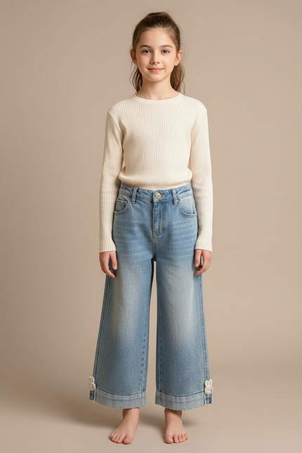 Pantalon Fluide Jean Ample Décor Lapin Enfant - Bleu
