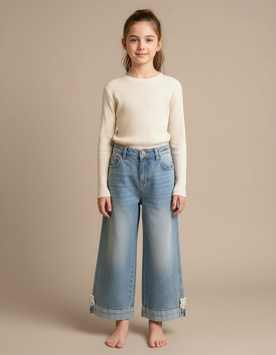 Pantalon Fluide Jean Ample Décor Lapin Enfant - Bleu