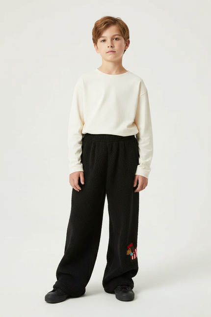 Pantalon Fluide Noir Ample Polaire Chien Brodé - Molleton