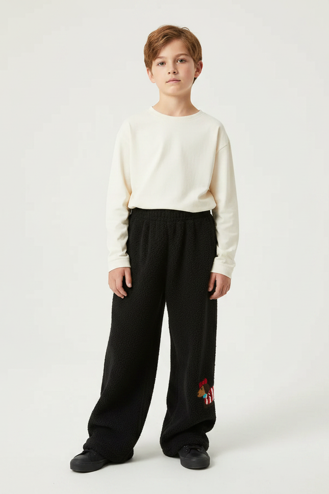 Pantalon Fluide Noir Ample Polaire Chien Brodé - Molleton