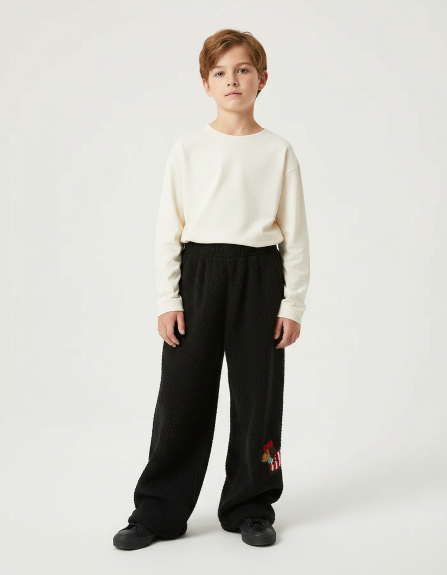Pantalon Fluide Noir Ample Polaire Chien Brodé - Molleton
