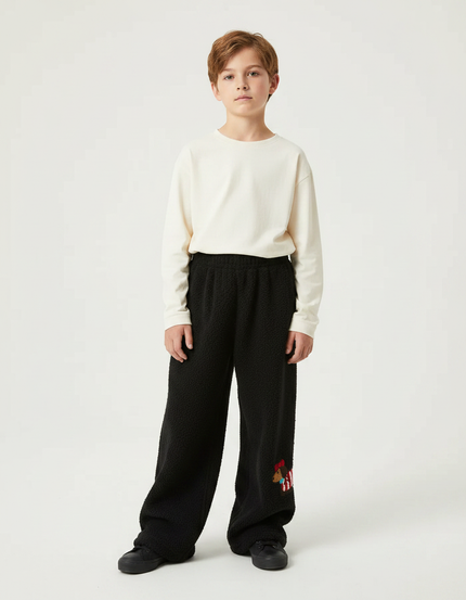 Pantalon Fluide Noir Ample Polaire Chien Brodé - Molleton