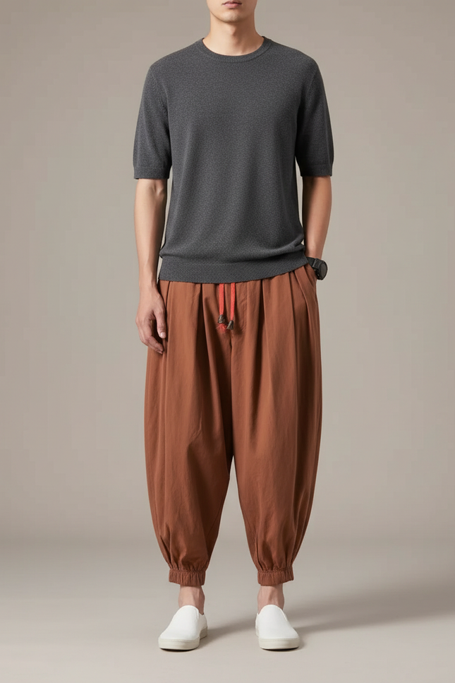 Pantalon Fluide Marron Harem Coton Décontracté Homme