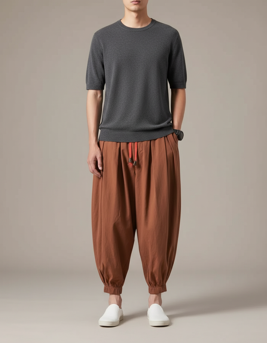 Pantalon Fluide Marron Harem Coton Décontracté Homme