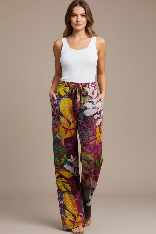 Pantalon Fluide Imprimé Floral Ample Décontracté Femme - Multicolore Viscose