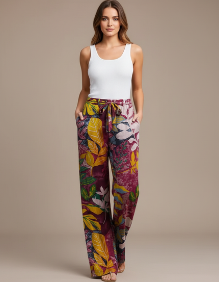 Pantalon Fluide Imprimé Floral Ample Décontracté Femme - Multicolore Viscose