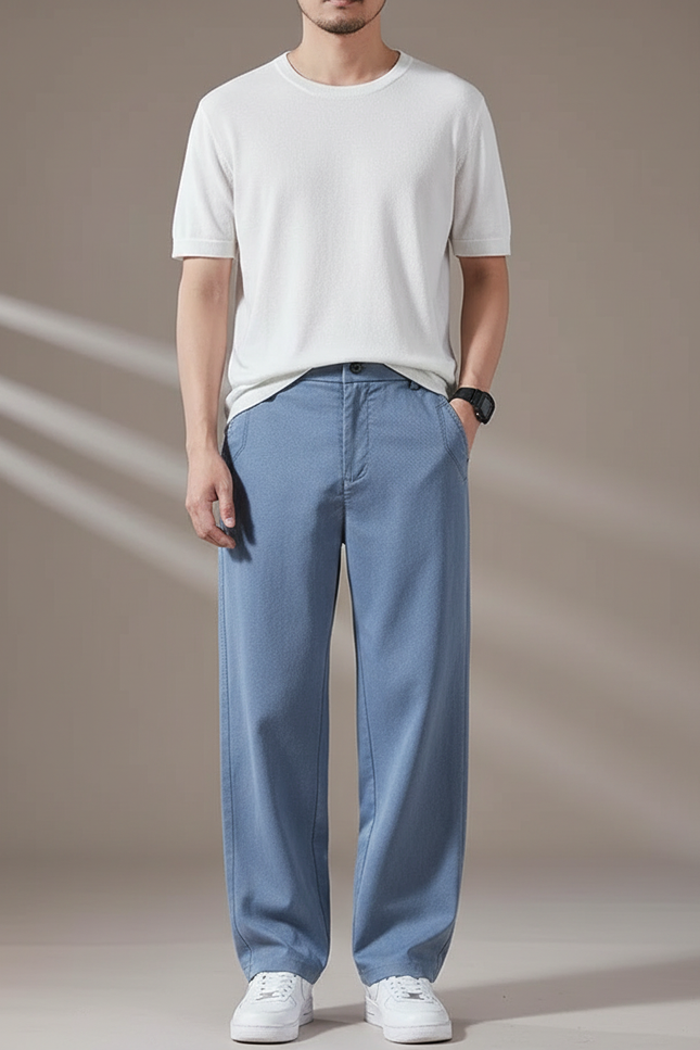 Pantalon Fluide Bleu Ciel Droit Ample Décontracté Homme - Coton