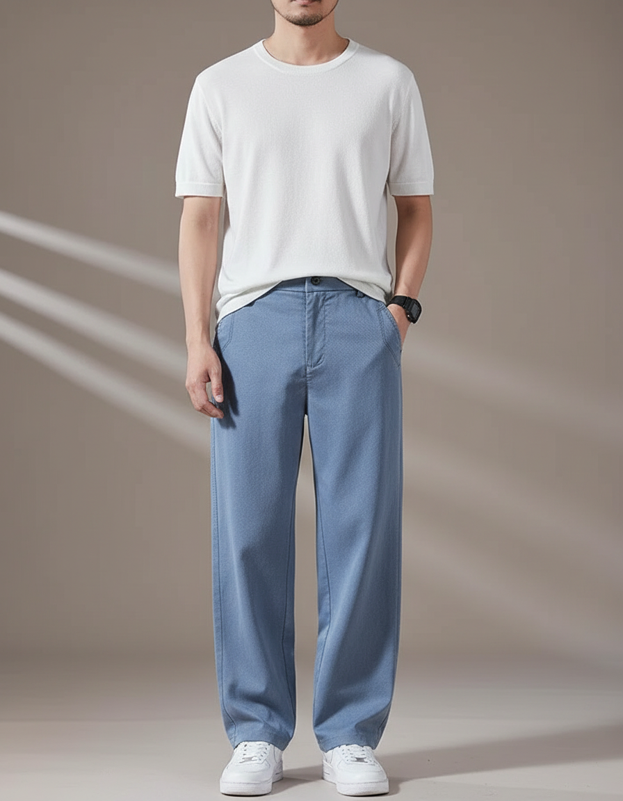 Pantalon Fluide Bleu Ciel Droit Ample Décontracté Homme - Coton