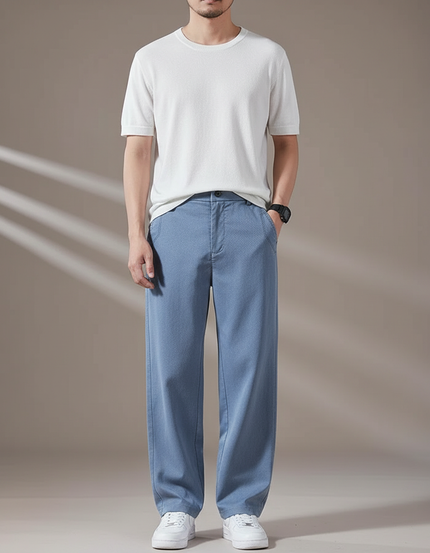 Pantalon Fluide Bleu Ciel Droit Ample Décontracté Homme - Coton