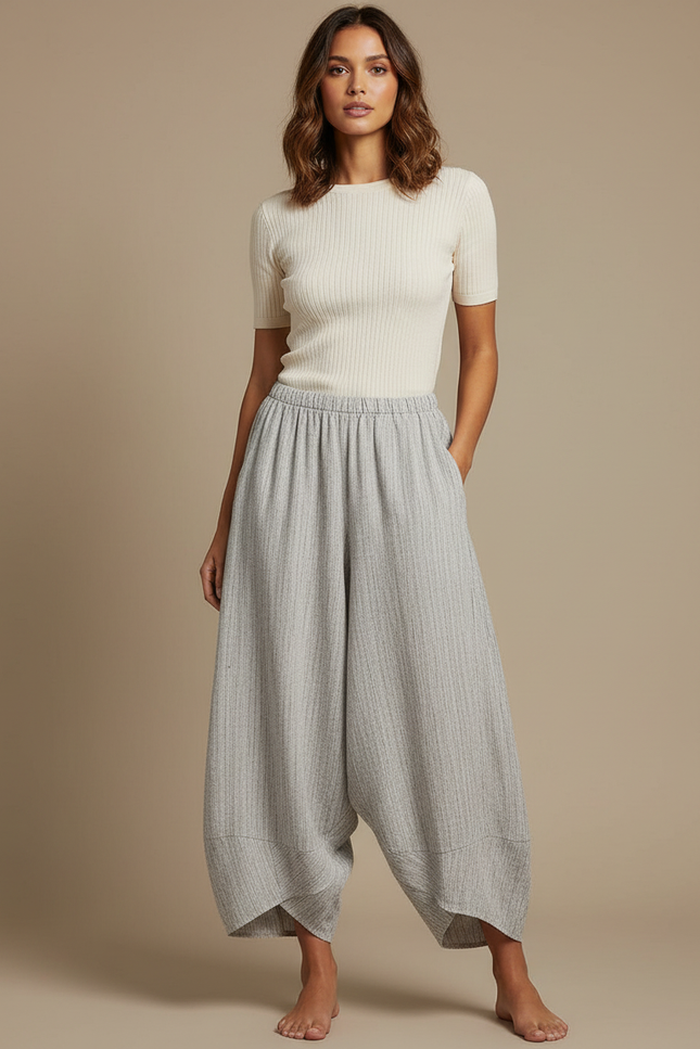 Pantalon Fluide Gris Ample Coton Lin Vintage Décontracté