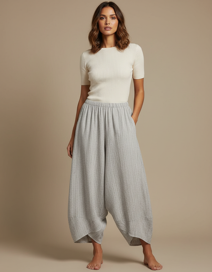 Pantalon Fluide Gris Ample Coton Lin Vintage Décontracté