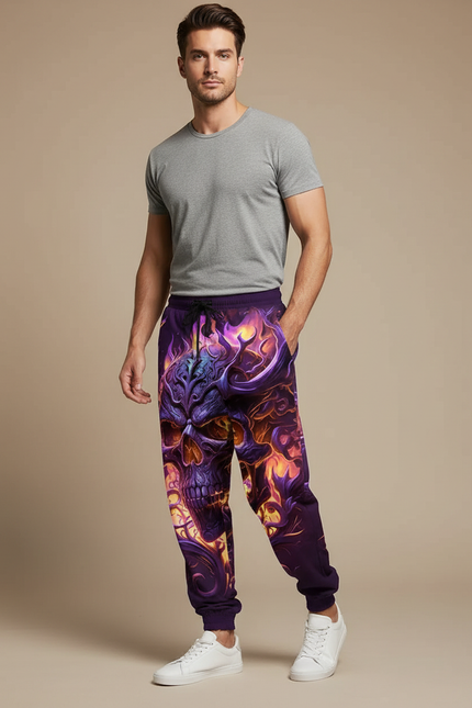 Pantalon Fluide Violet Crâne Enflammé Ample Décontracté Homme - Molleton