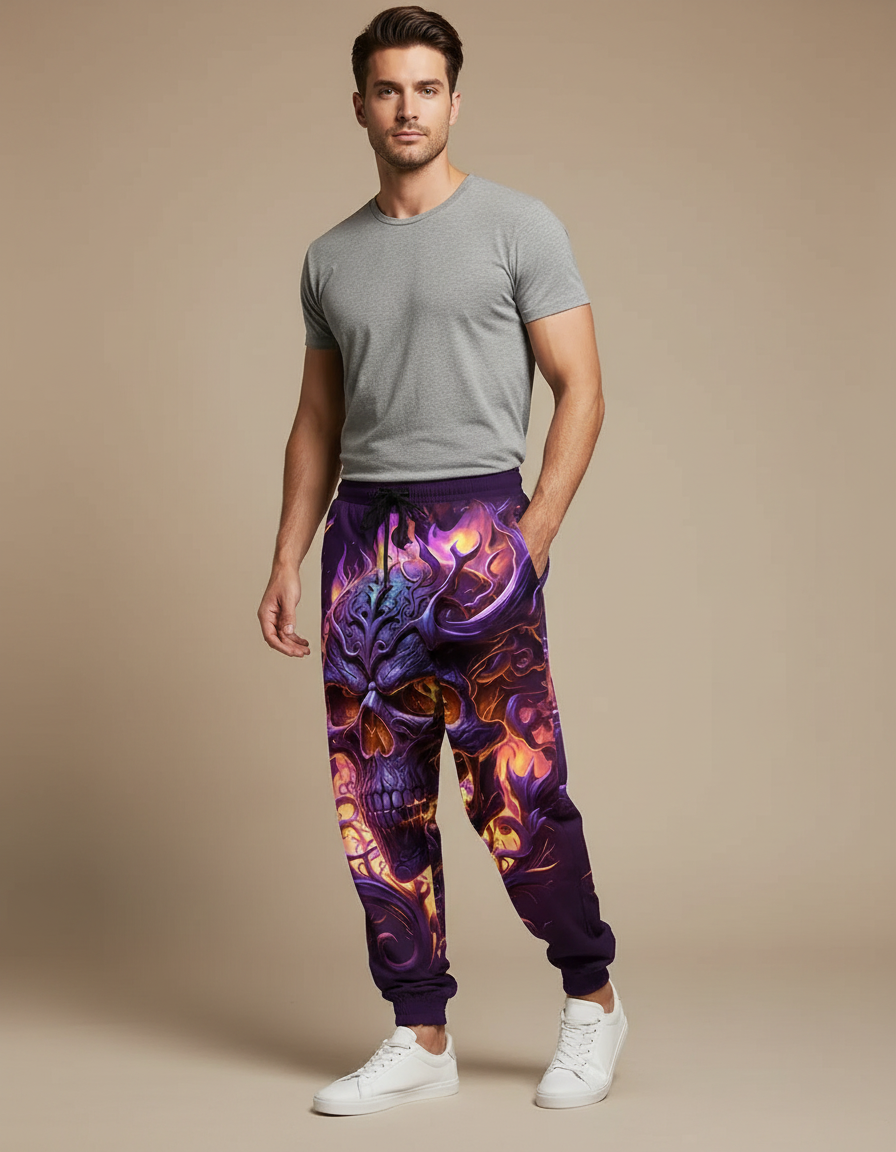 Pantalon Fluide Violet Crâne Enflammé Ample Décontracté Homme - Molleton