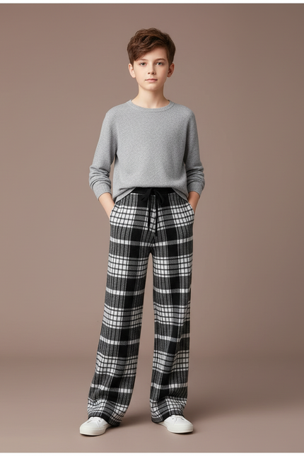 Pantalon Fluide Carreaux Noir Blanc Laine Ample - Imprimé