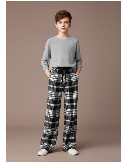 Pantalon Fluide Carreaux Noir Blanc Laine Ample - Imprimé
