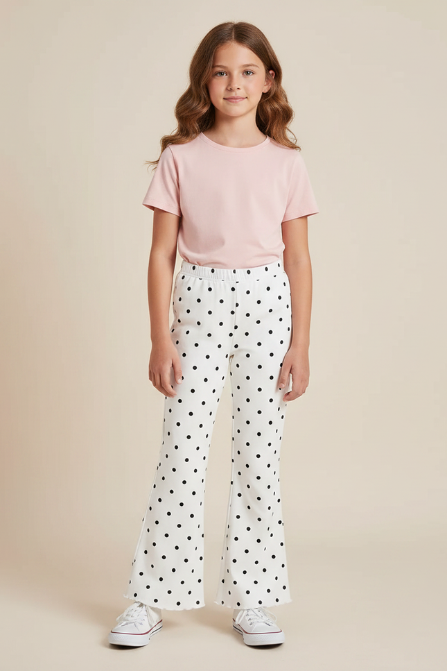 Pantalon Fluide Blanc Polka Dot Évasé Enfant - Maille