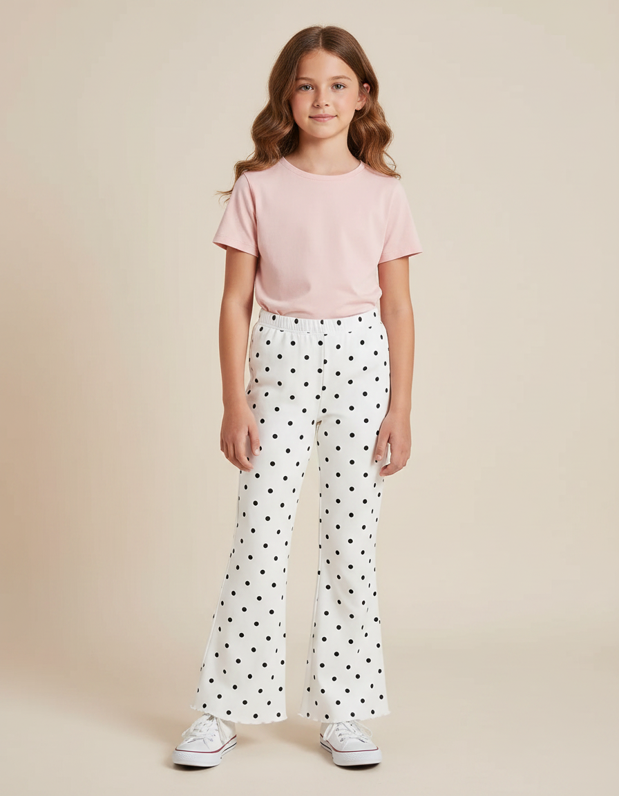 Pantalon Fluide Blanc Polka Dot Évasé Enfant - Maille