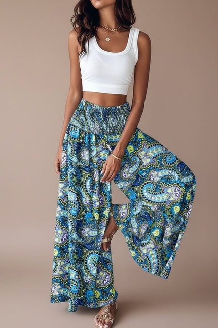 Pantalon Fluide Bleu Imprimé Cachemire Bohème Taille Haute - Viscose