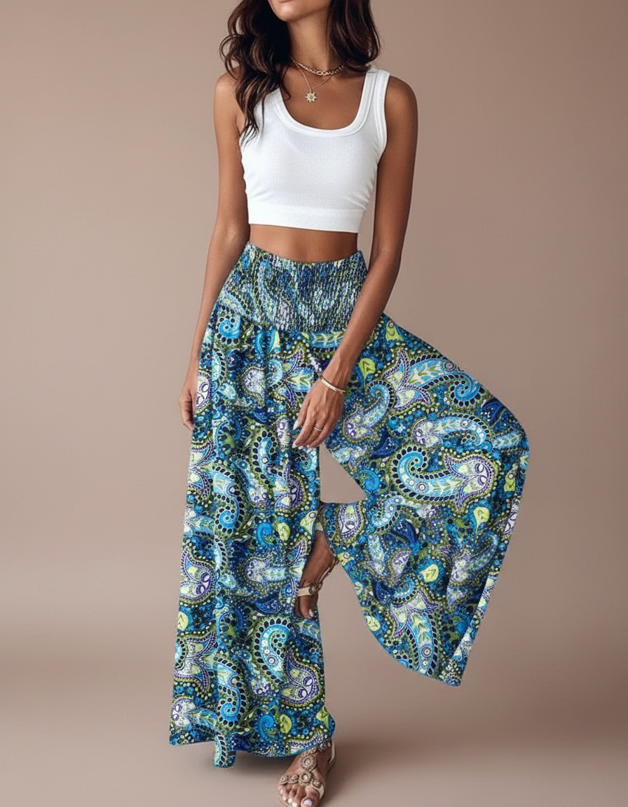 Pantalon Fluide Bleu Imprimé Cachemire Bohème Taille Haute - Viscose