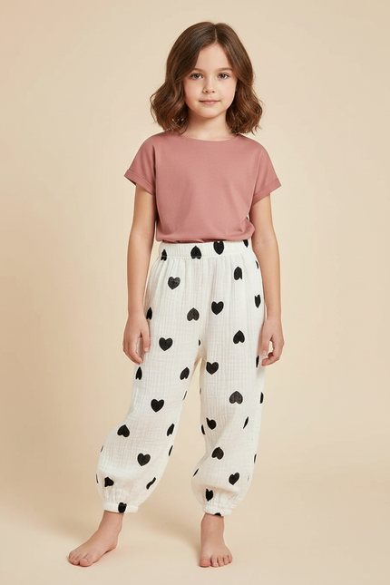 Pantalon Fluide Blanc Cœurs Noirs Ample Mousseline Enfant - Coton