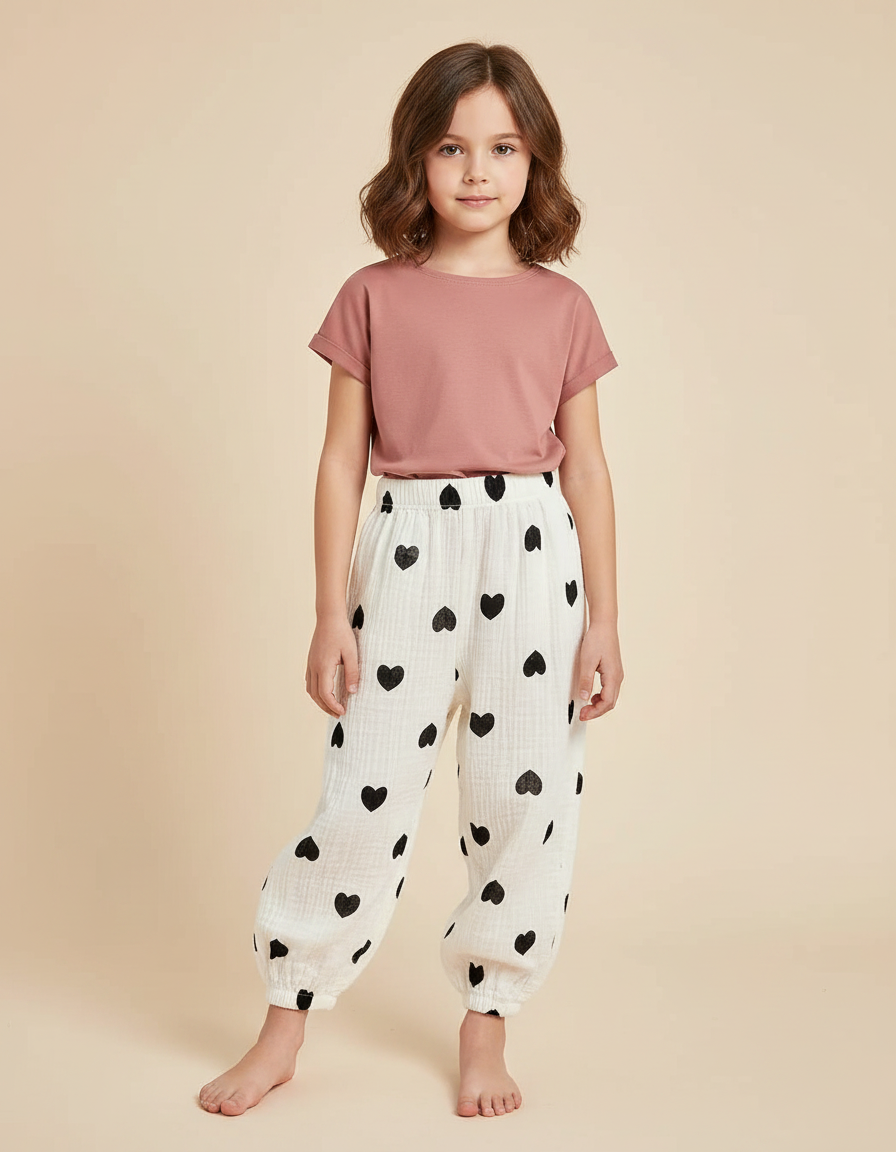 Pantalon Fluide Blanc Cœurs Noirs Ample Mousseline Enfant - Coton