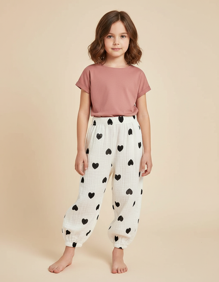 Pantalon Fluide Blanc Cœurs Noirs Ample Mousseline Enfant - Coton