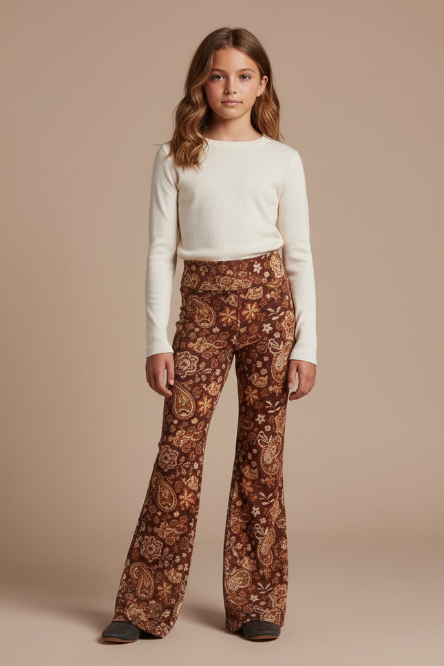 Pantalon Fluide Évasé Marron Imprimé Floral Confortable - Velours