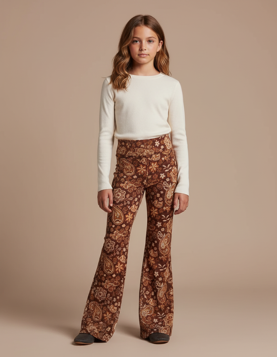 Pantalon Fluide Évasé Marron Imprimé Floral Confortable - Velours