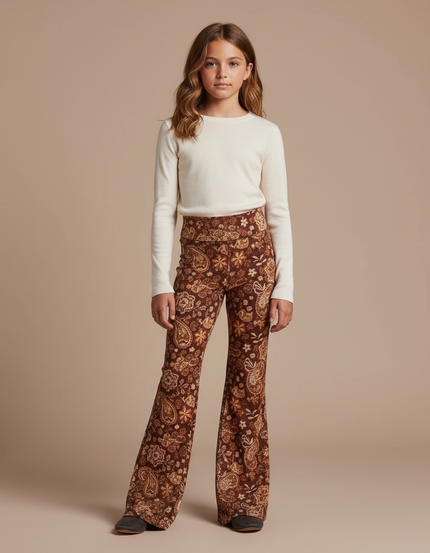 Pantalon Fluide Évasé Marron Imprimé Floral Confortable - Velours