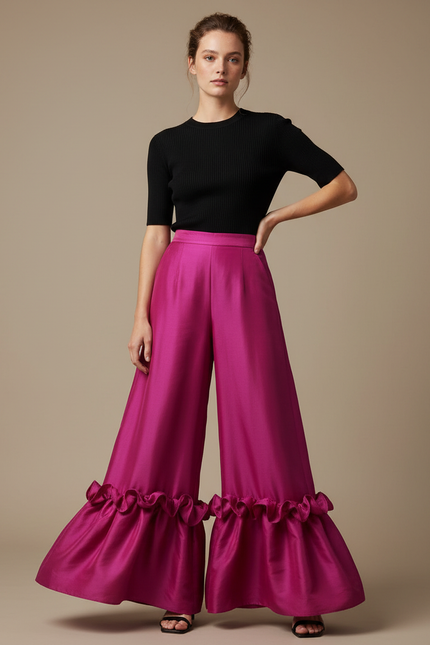 Pantalon Fluide Fuchsia Brillant Plissé Volants Élégant - Rose Satin