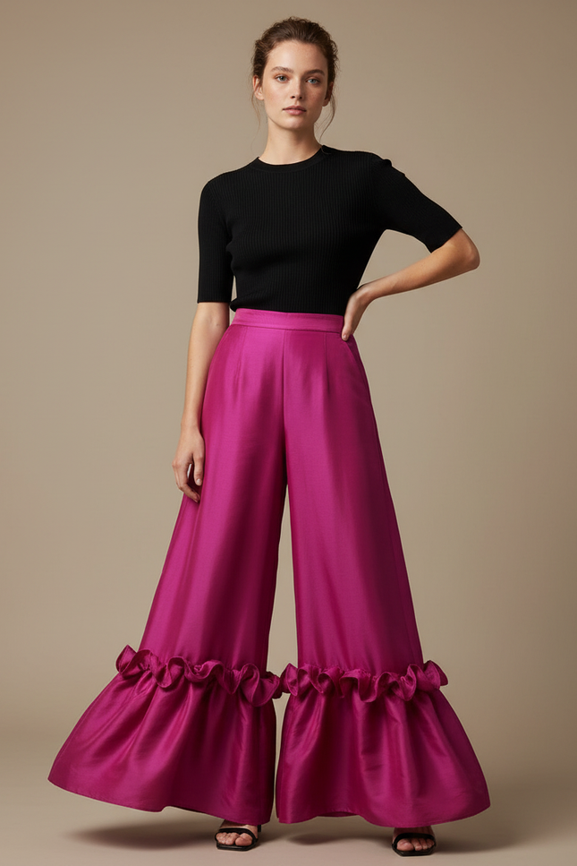 Pantalon Fluide Fuchsia Brillant Plissé Volants Élégant - Rose Satin