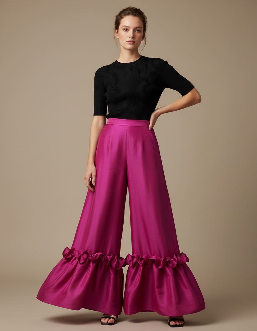 Pantalon Fluide Fuchsia Brillant Plissé Volants Élégant - Rose Satin