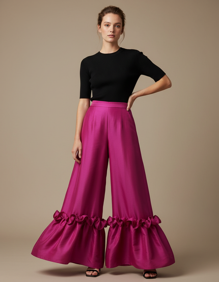 Pantalon Fluide Fuchsia Brillant Plissé Volants Élégant - Rose Satin