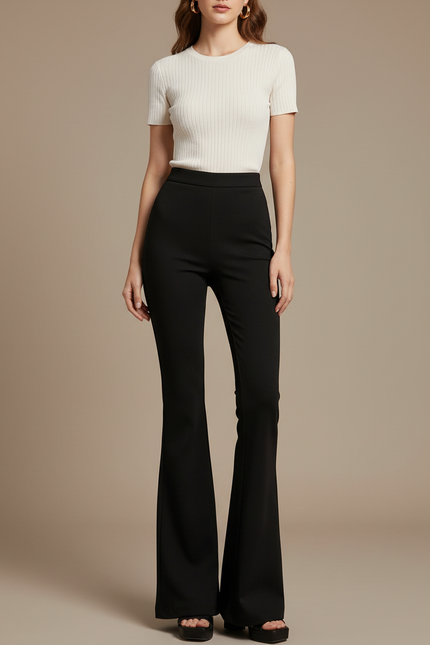 Pantalon Fluide Noir Évasé Taille Haute Stretch - Polyester
