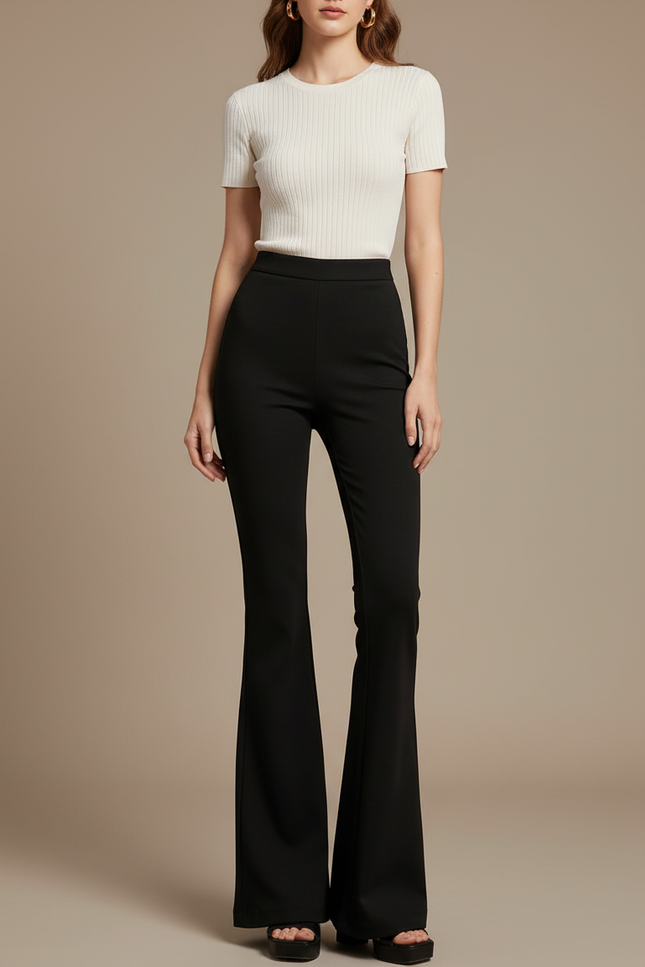 Pantalon Fluide Noir Évasé Taille Haute Stretch - Polyester