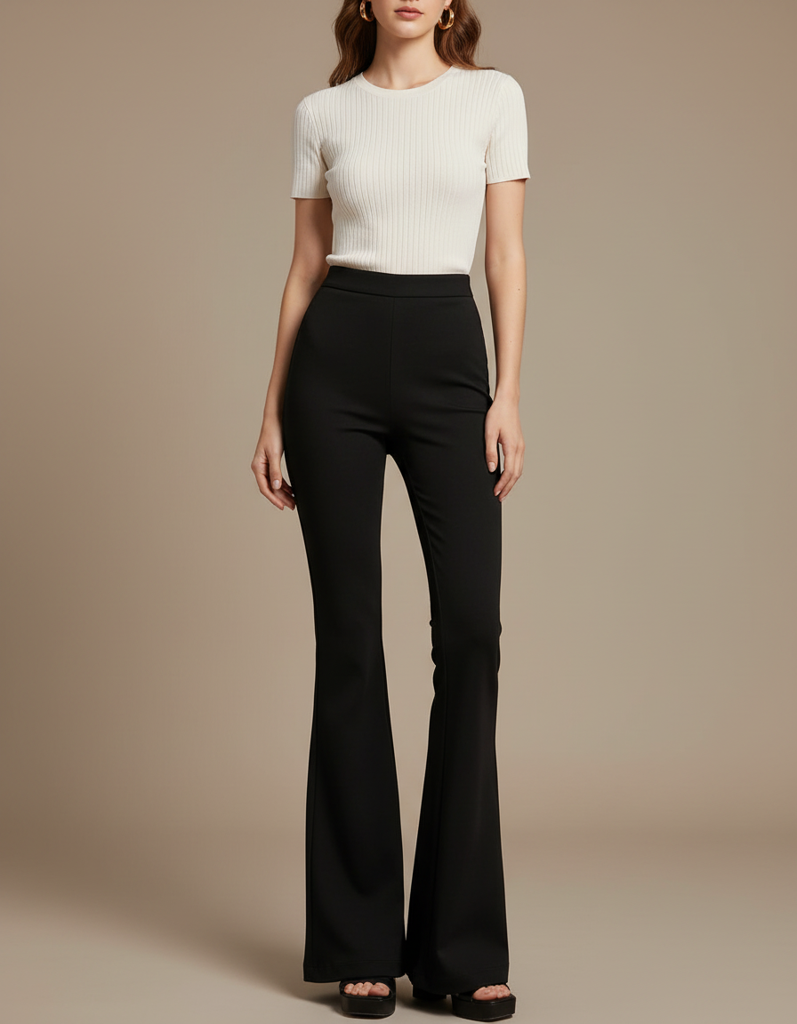 Pantalon Fluide Noir Évasé Taille Haute Stretch - Polyester