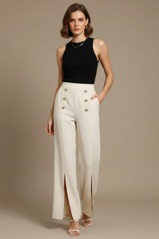 Pantalon Fluide Écru Taille Haute Boutons Dorés Fendu - Beige Polyester