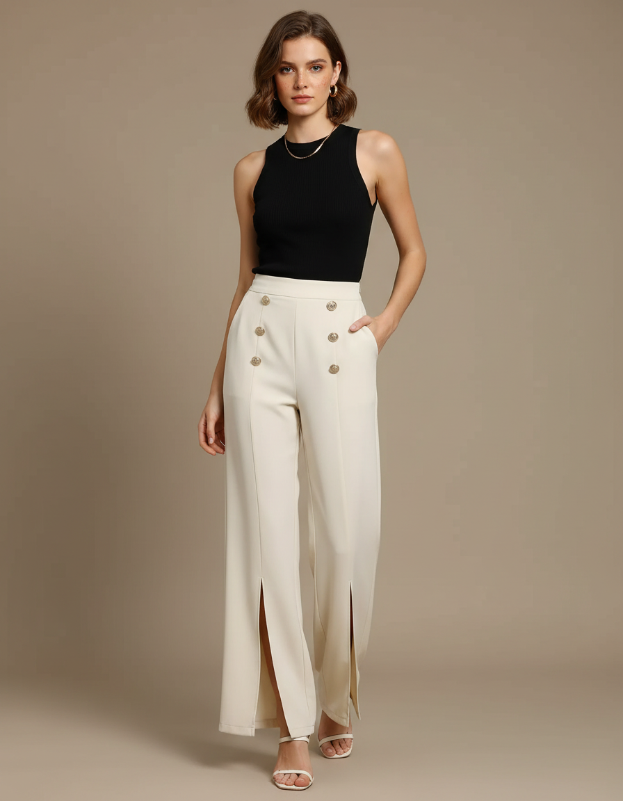 Pantalon Fluide Écru Taille Haute Boutons Dorés Fendu - Beige Polyester