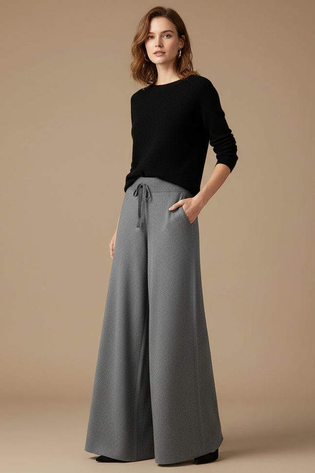 Pantalon Fluide Gris Ample Maille Drapé Décontracté