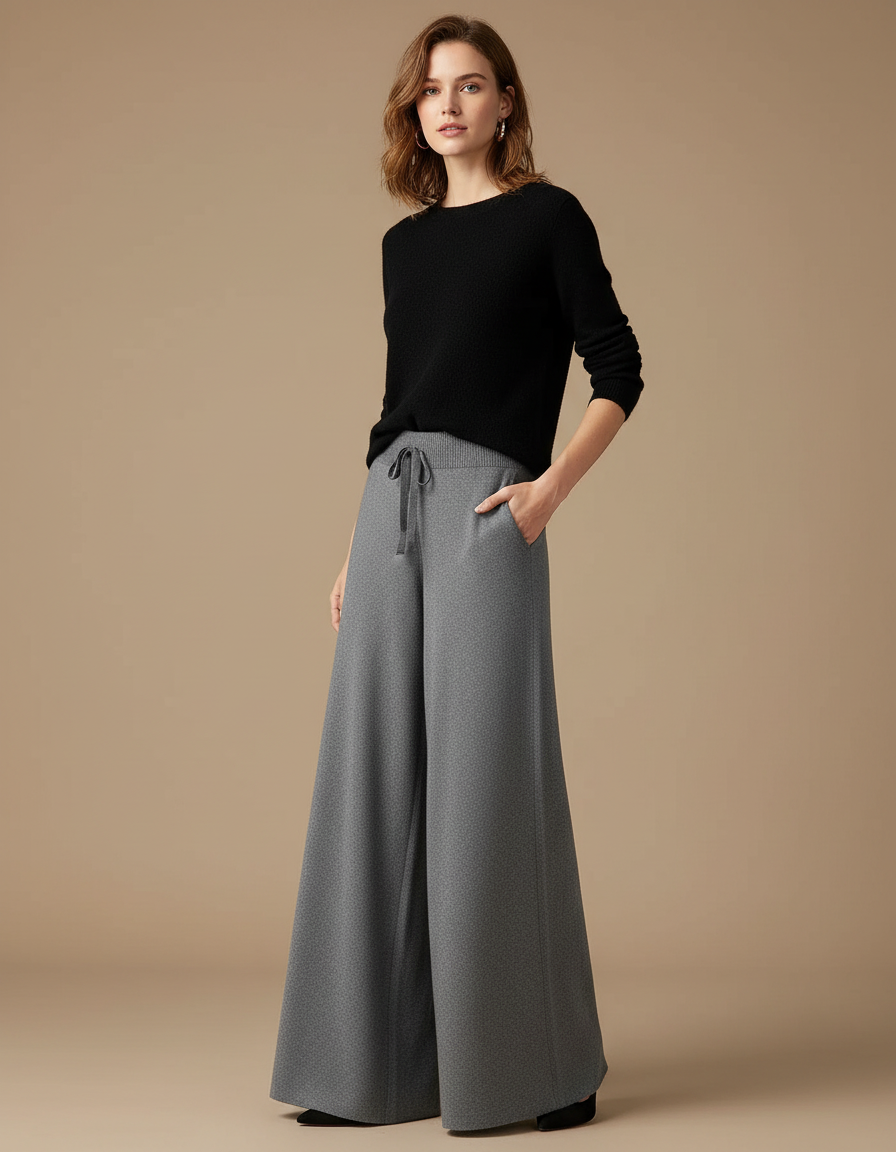 Pantalon Fluide Gris Ample Maille Drapé Décontracté