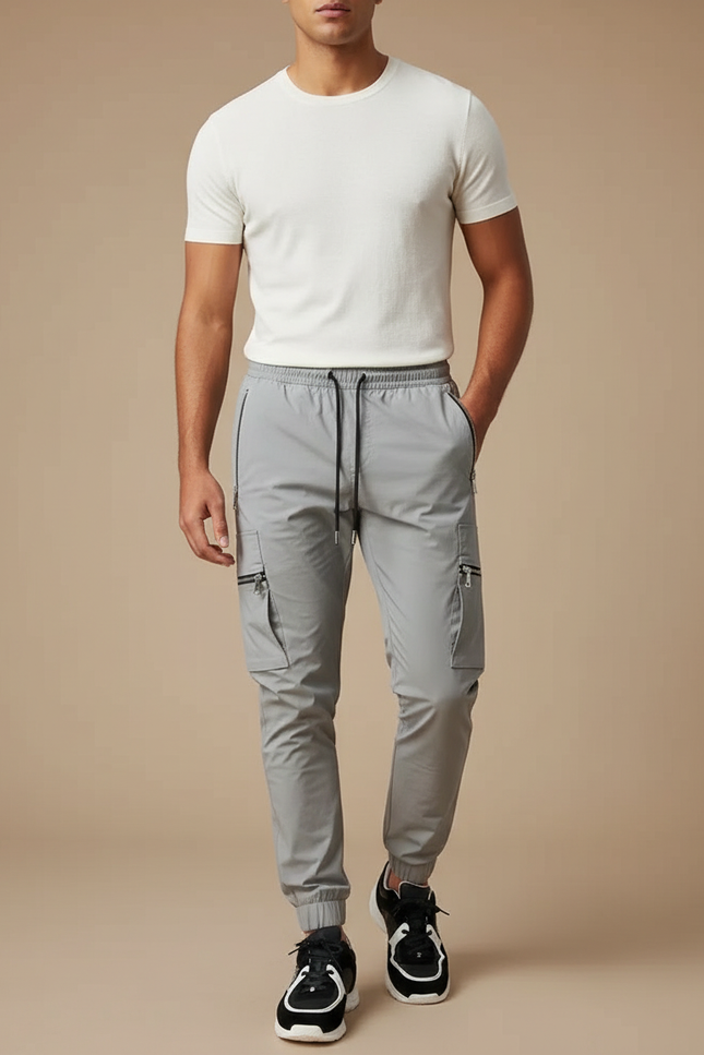 Pantalon Fluide Gris Cargo Jogger Sport Homme - Polyester