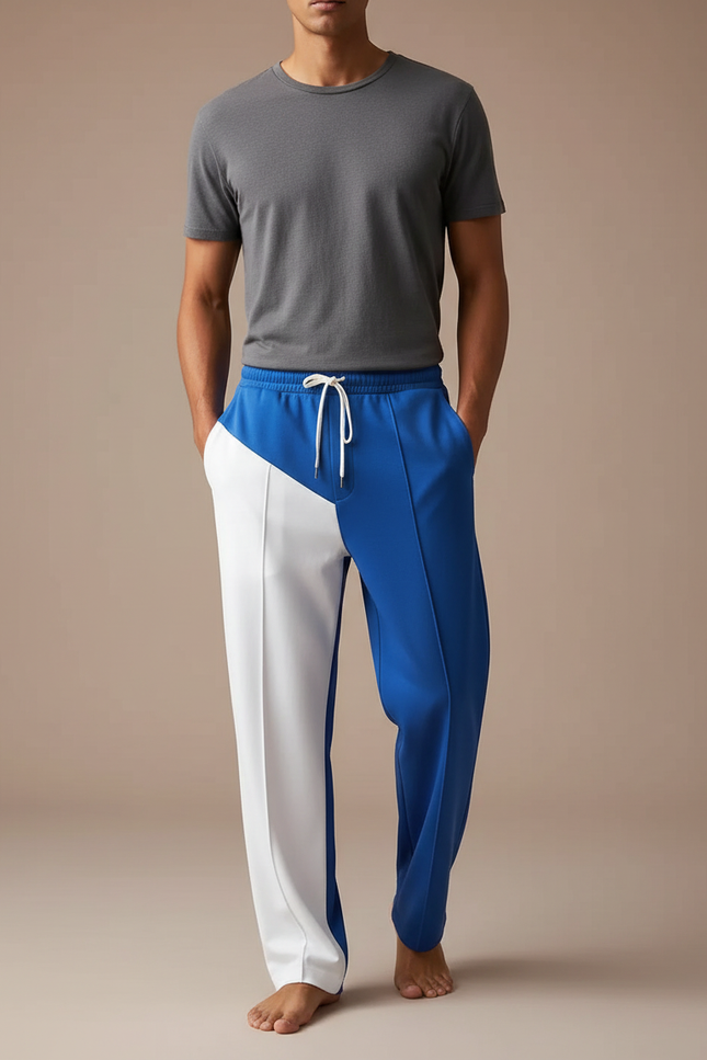 Pantalon Fluide Bicolore Bleu Blanc Ample Décontracté - Multicolore Polyester